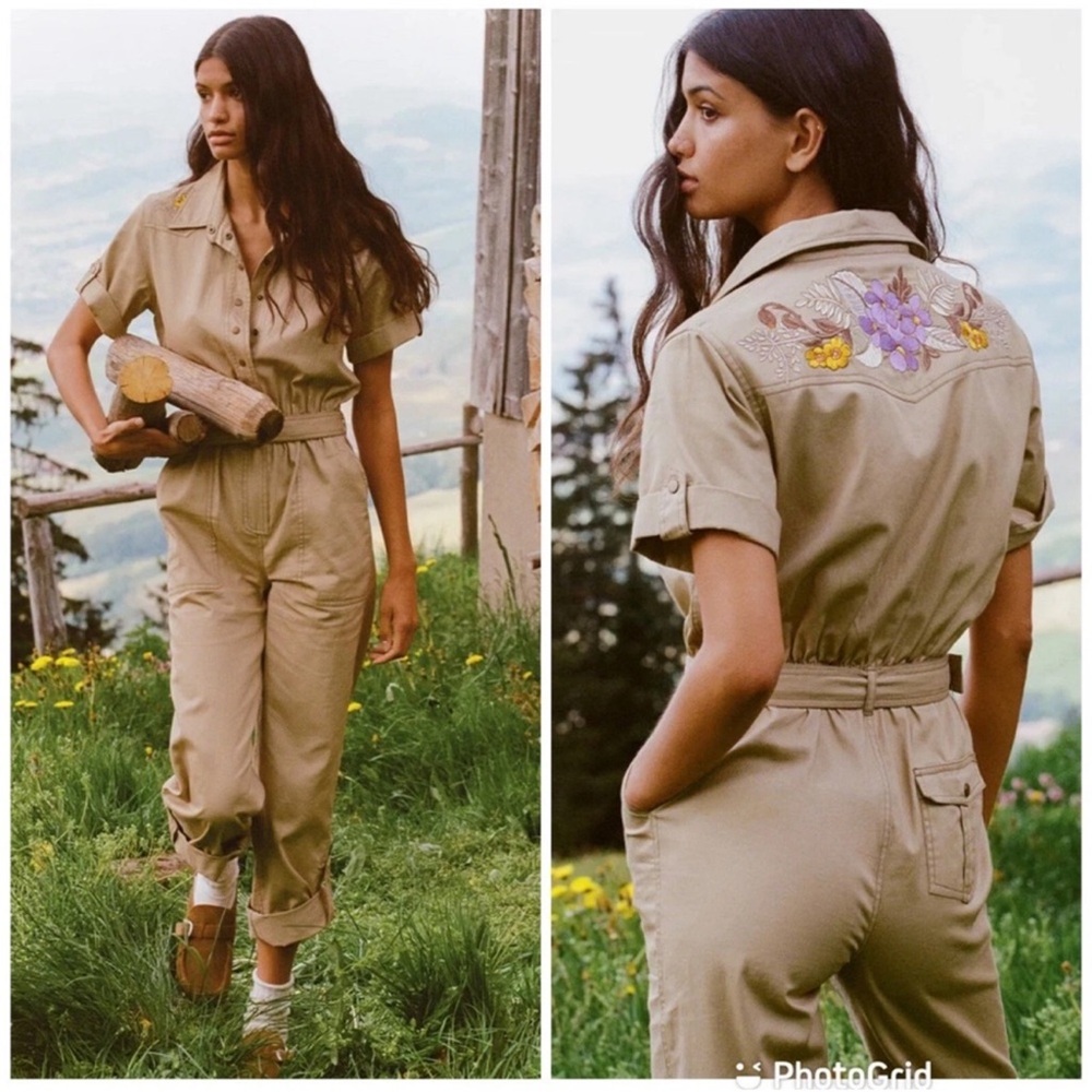 Spell Foxglove Embroidered Boilersuit with fixed
Tie in Khaki Sz Medium